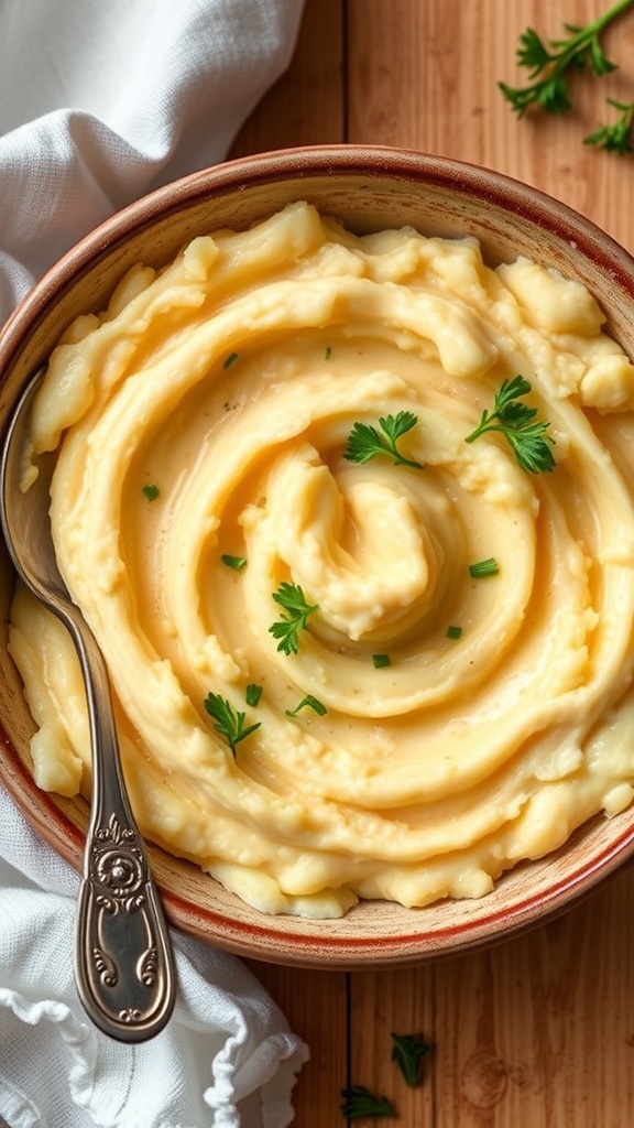 A bowl of creamy mashed rutabaga garnished with herbs on a wooden table.